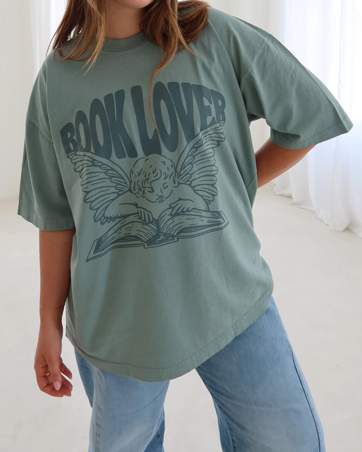 Book Lover 'Boxy' T-Shirt in Vintage Green Rebel and Fleur