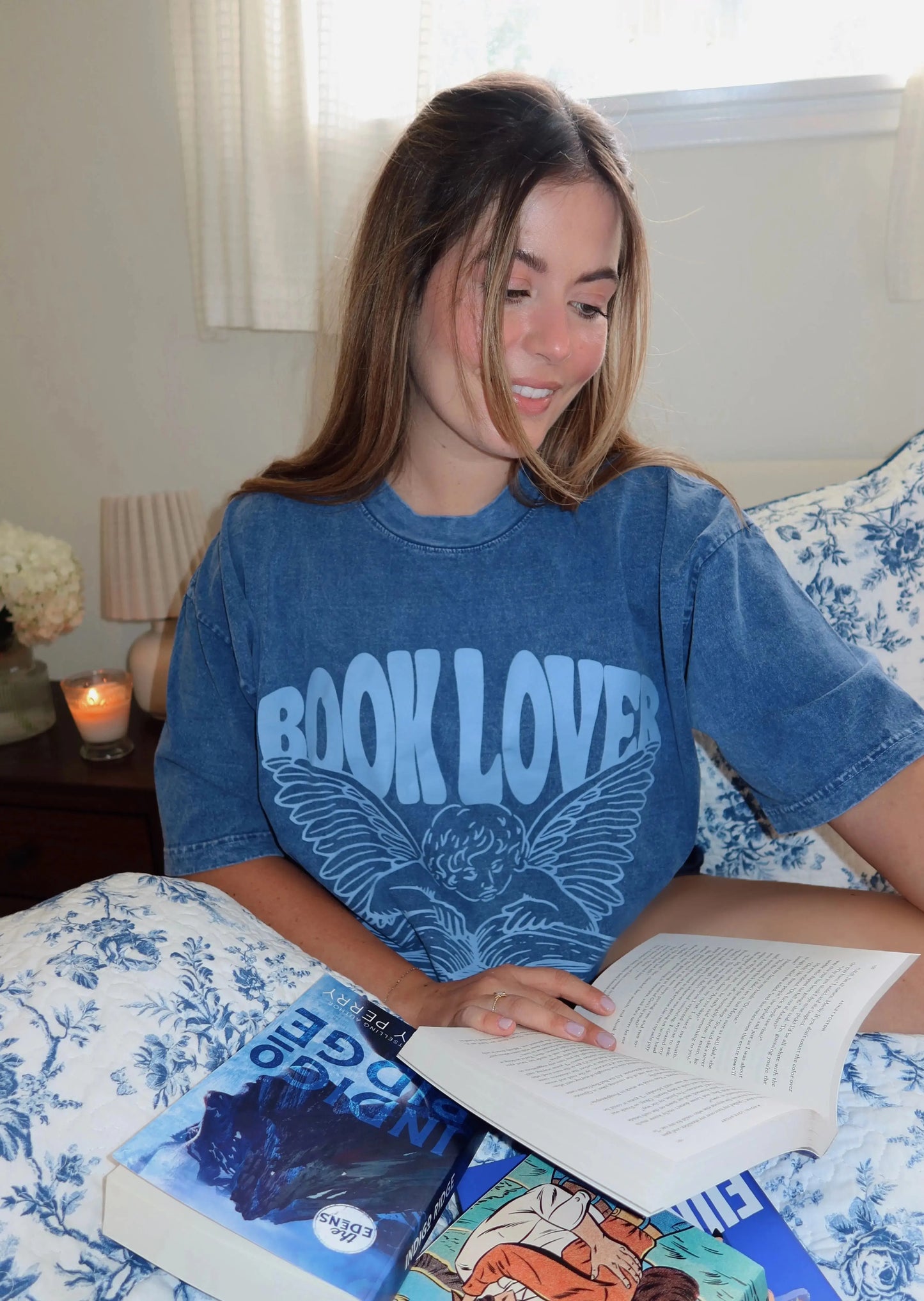 Book Lover 'Boxy' T-Shirt in Denim Rebel and Fleur