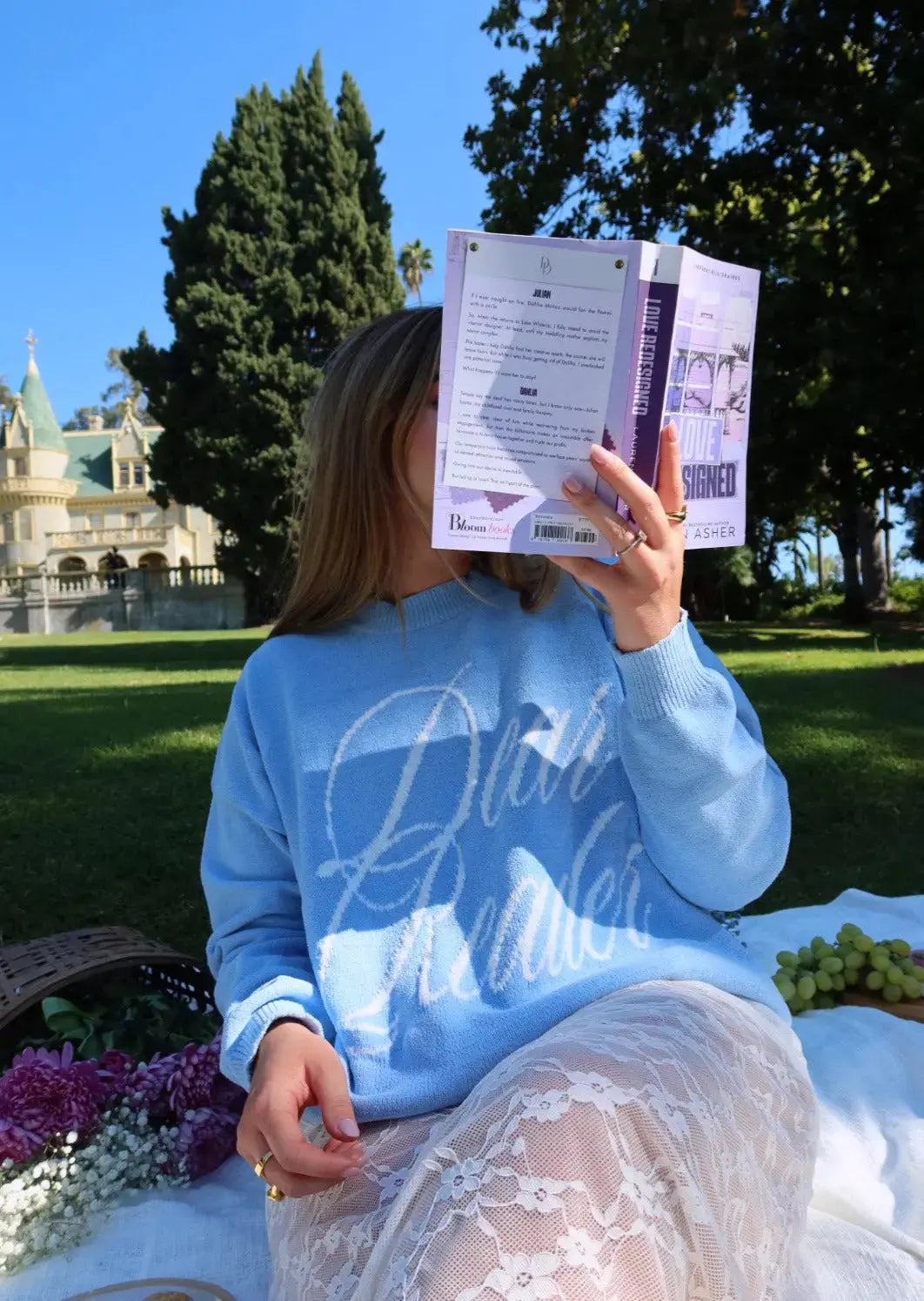 Dear Reader Knit Sweater, Powder Blue Rebel and Fleur